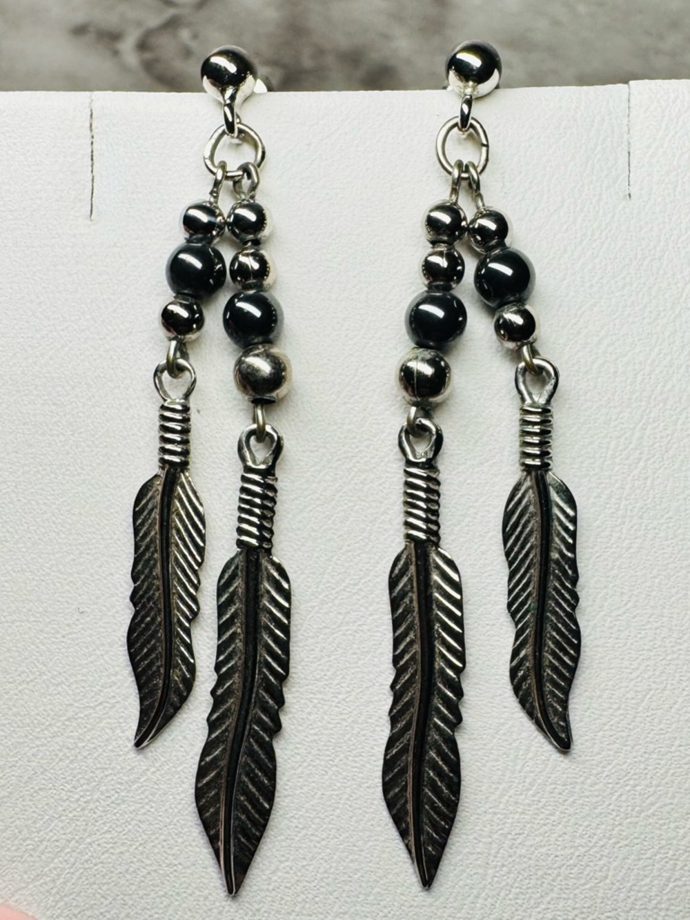 Feather Dangle Earrings Black & Silver Tone Beaded Boho Southwest